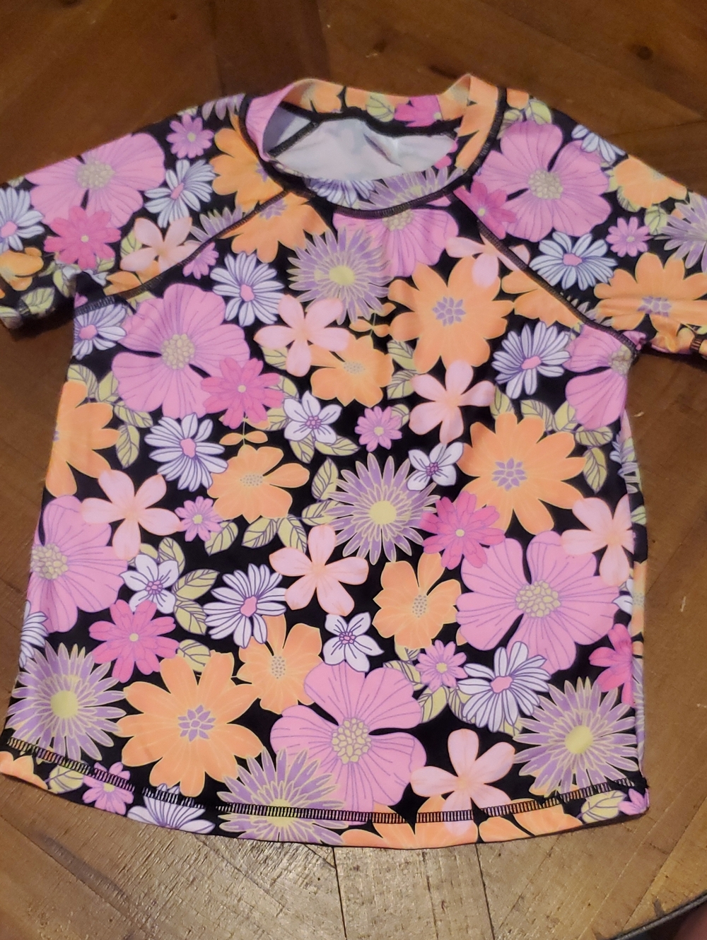 wonder nation Girls Floral Short-Sleeve Rashguard - Pink, Orange & Black
